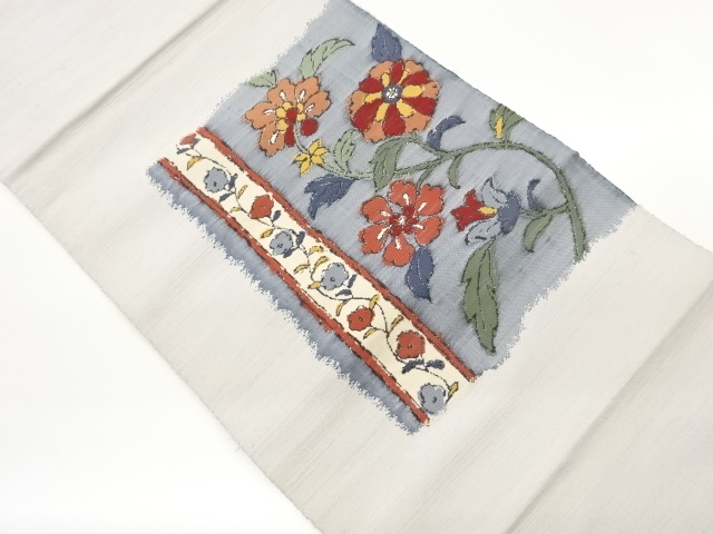 手織り紬花唐草模様織出し名古屋帯